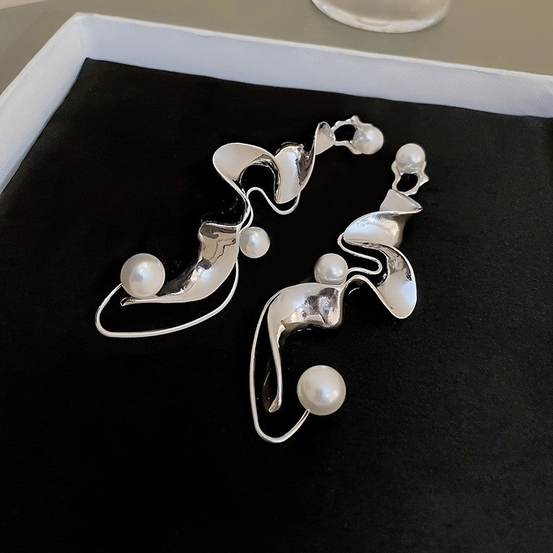 Sculptural Wave Pearl Drop Earrings