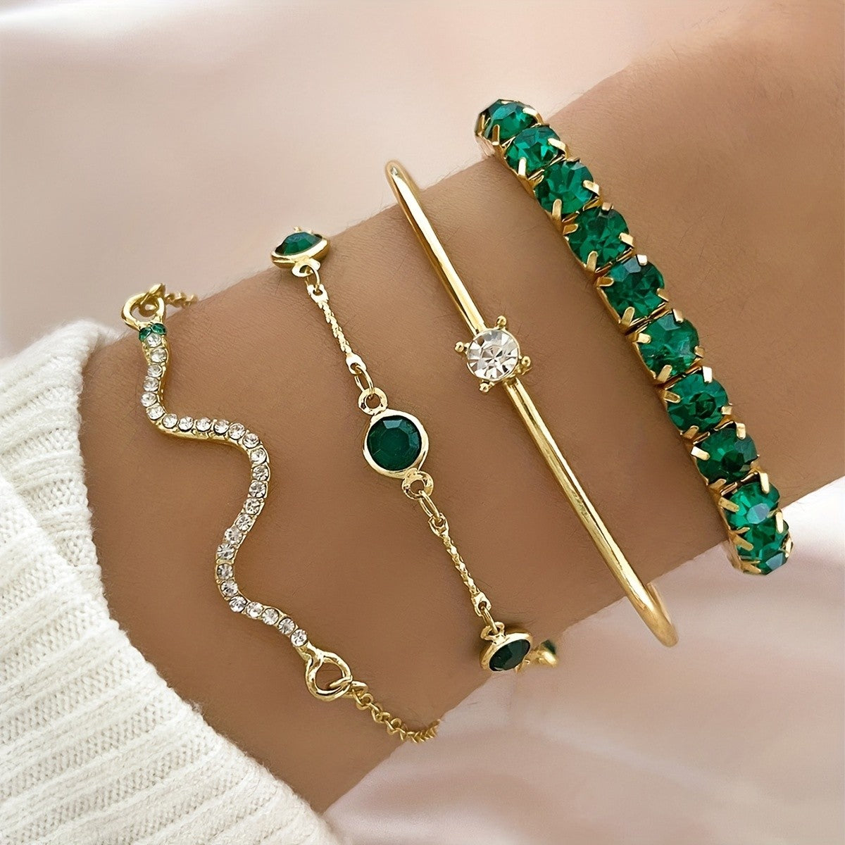 Green Crystal Snake & Bangle Bracelet Set