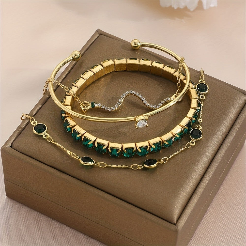 Green Crystal Snake & Bangle Bracelet Set