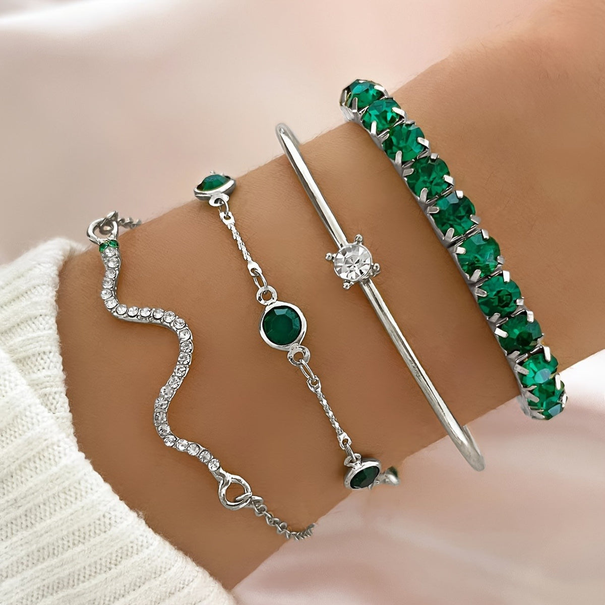 Green Crystal Snake & Bangle Bracelet Set