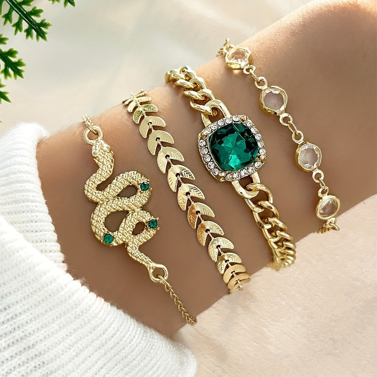 Snake, Leaf & Green Crystal Bracelet Set