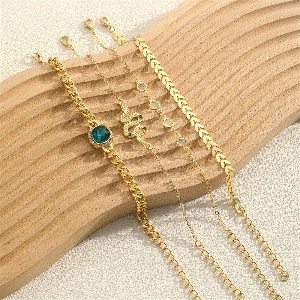Snake, Leaf & Green Crystal Bracelet Set