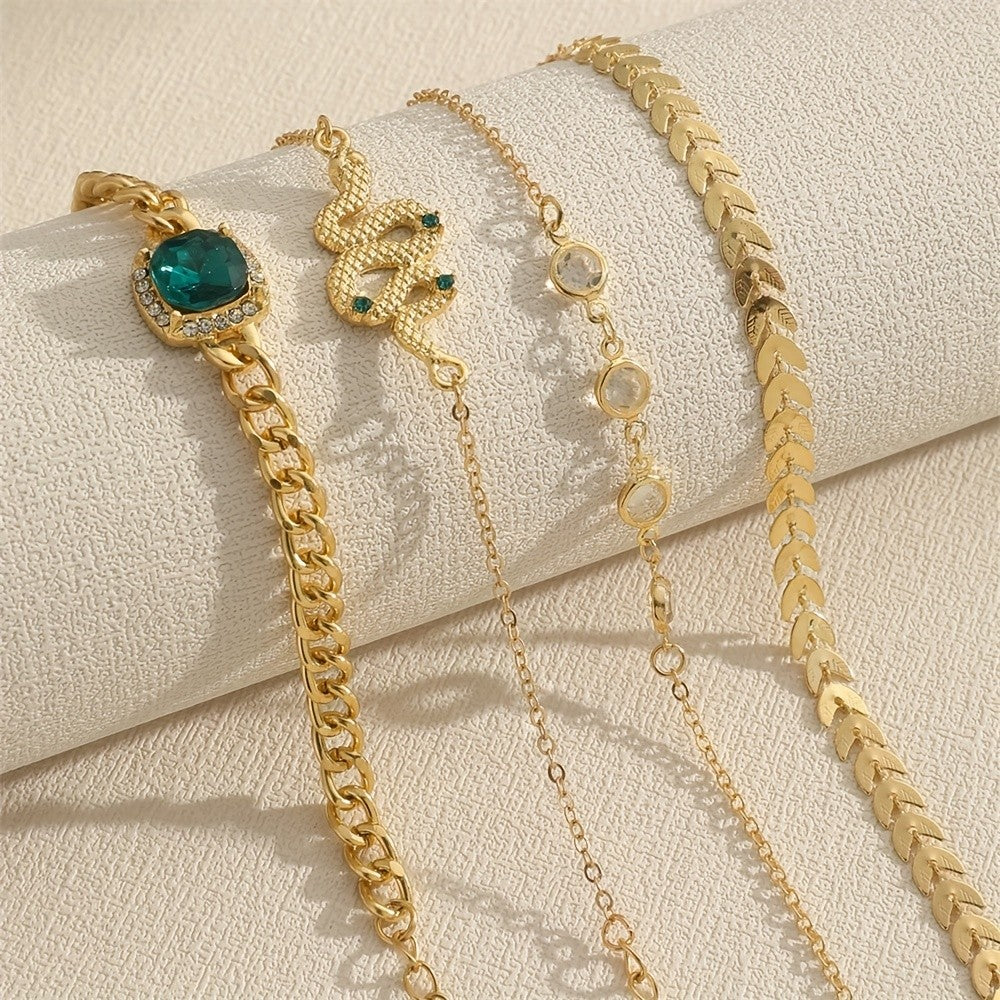 Snake, Leaf & Green Crystal Bracelet Set