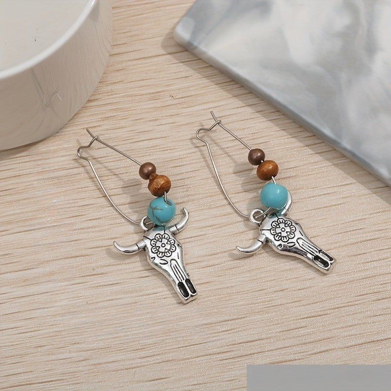 Turquoise Bead Bull Skull Earrings