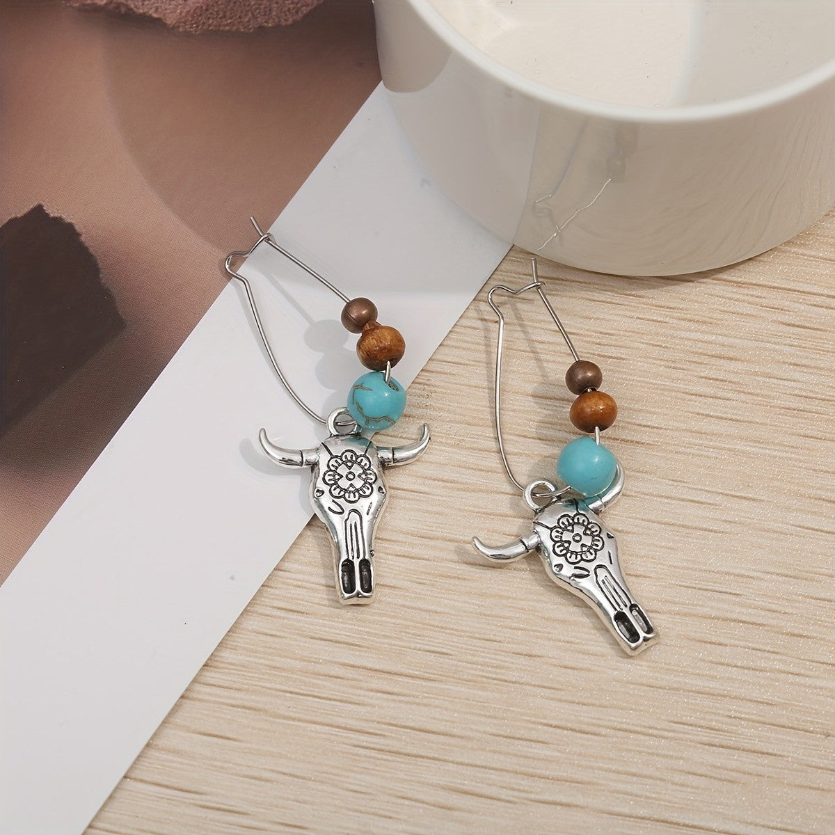 Turquoise Bead Bull Skull Earrings