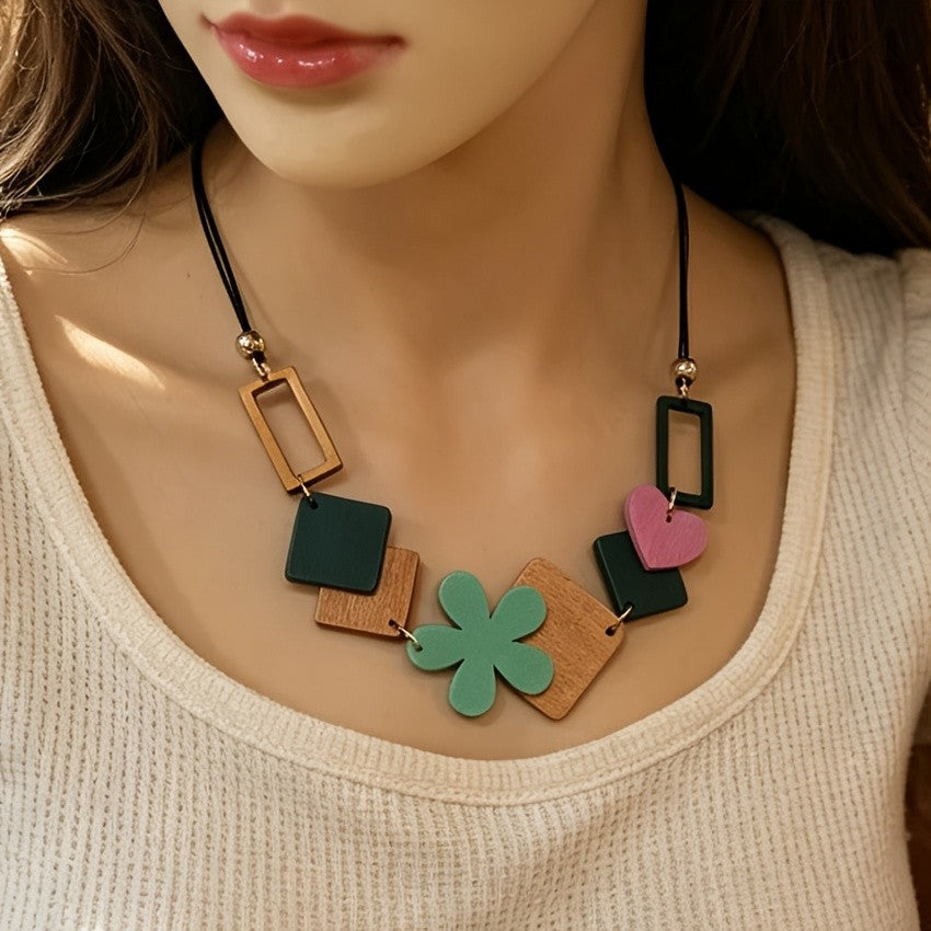 Wooden Geometric Flower Necklace