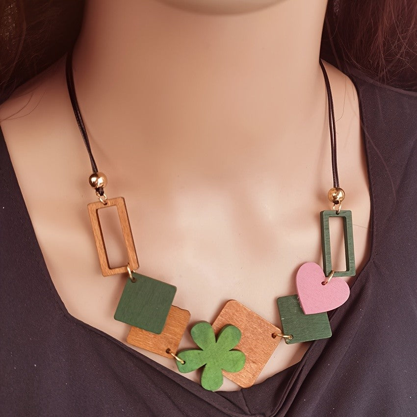 Wooden Geometric Flower Necklace