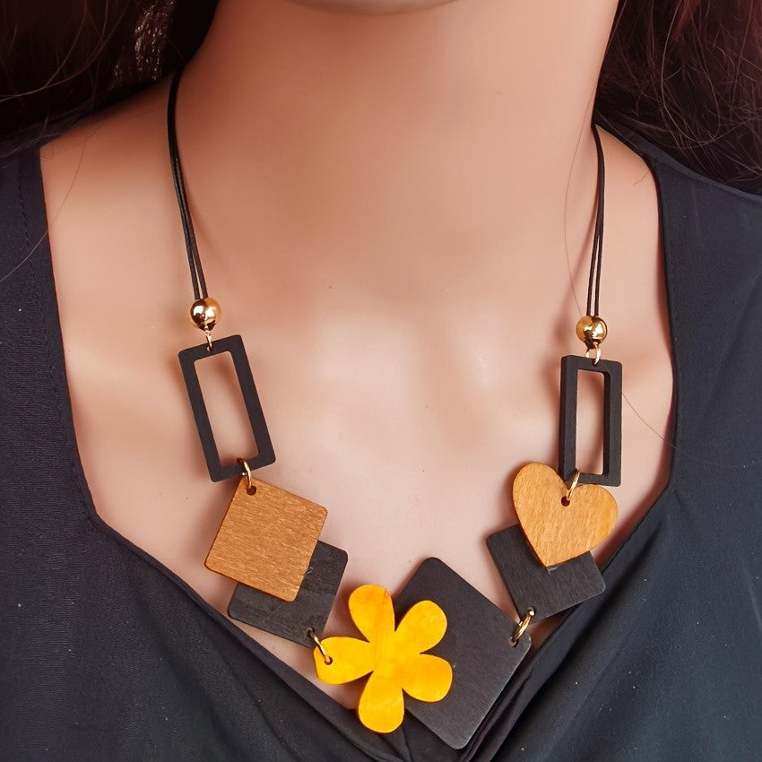 Wooden Geometric Flower Necklace