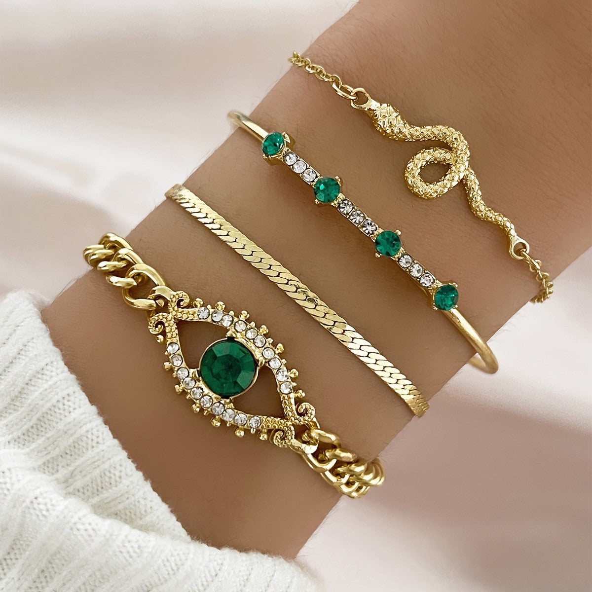 Green Stone Eye & Snake Bracelet Set