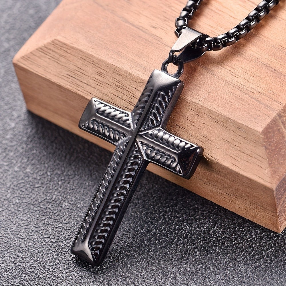 Black Rope Texture Cross Pendant