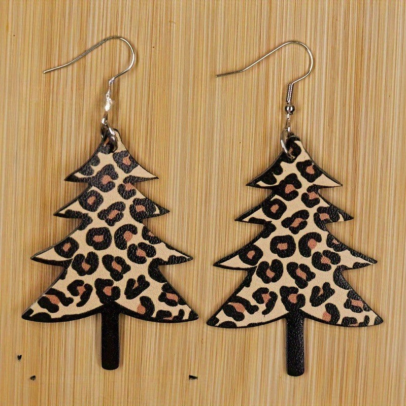Leopard Print Christmas Tree Earrings