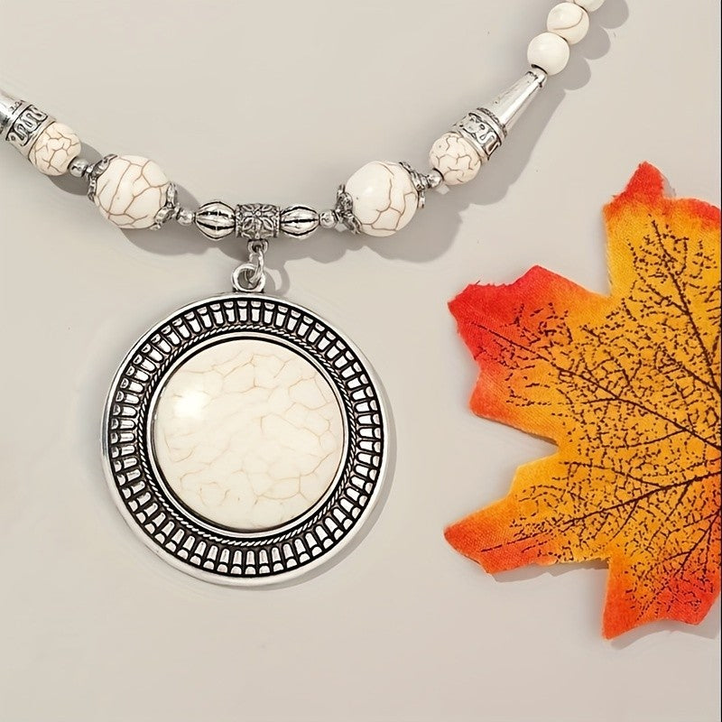 Cracked Stone Round Pendant Necklace & Earring Set