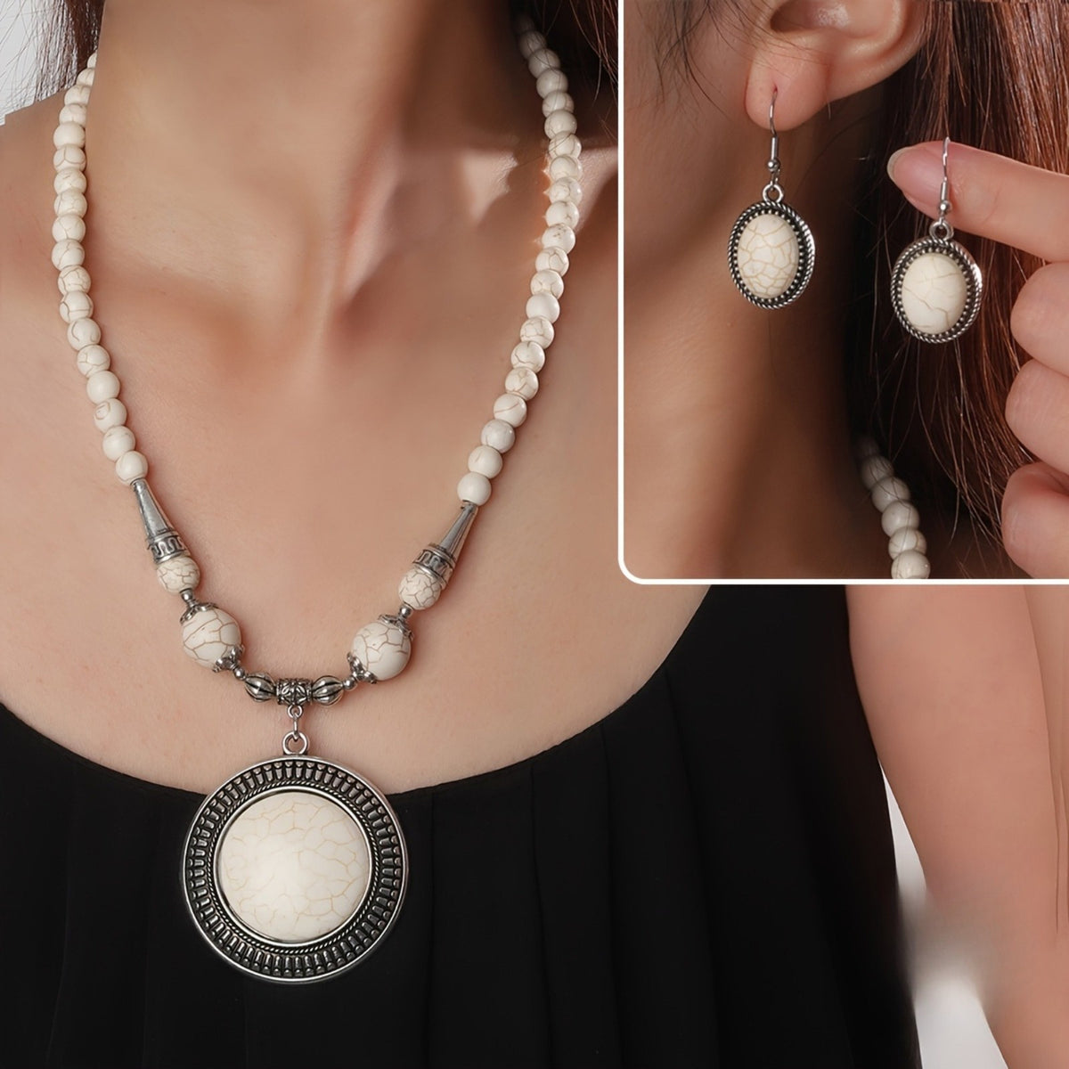 Cracked Stone Round Pendant Necklace & Earring Set