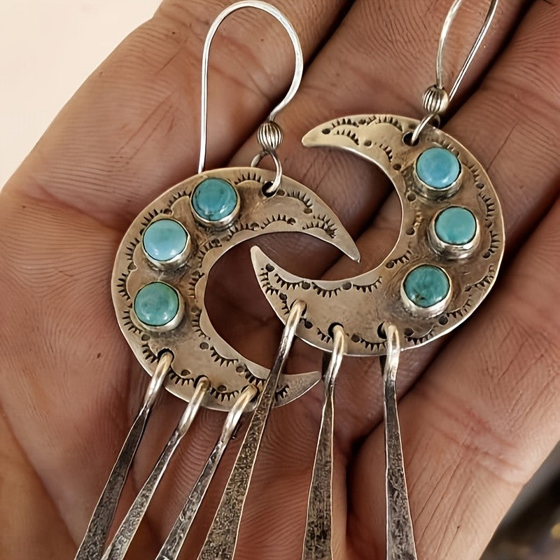 Turquoise Moon Tassel Earrings