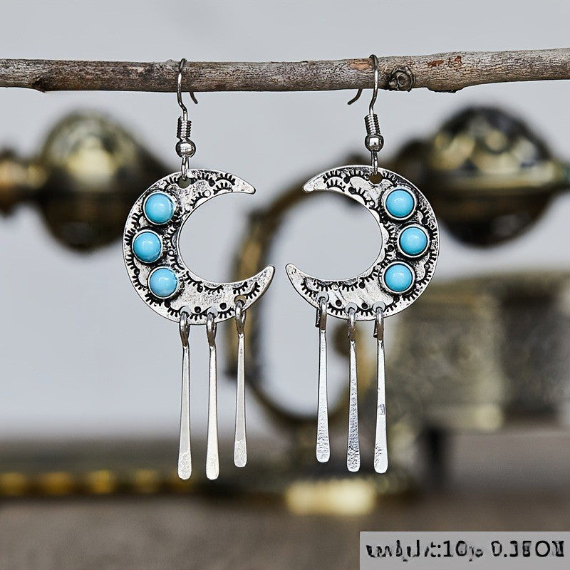 Turquoise Moon Tassel Earrings