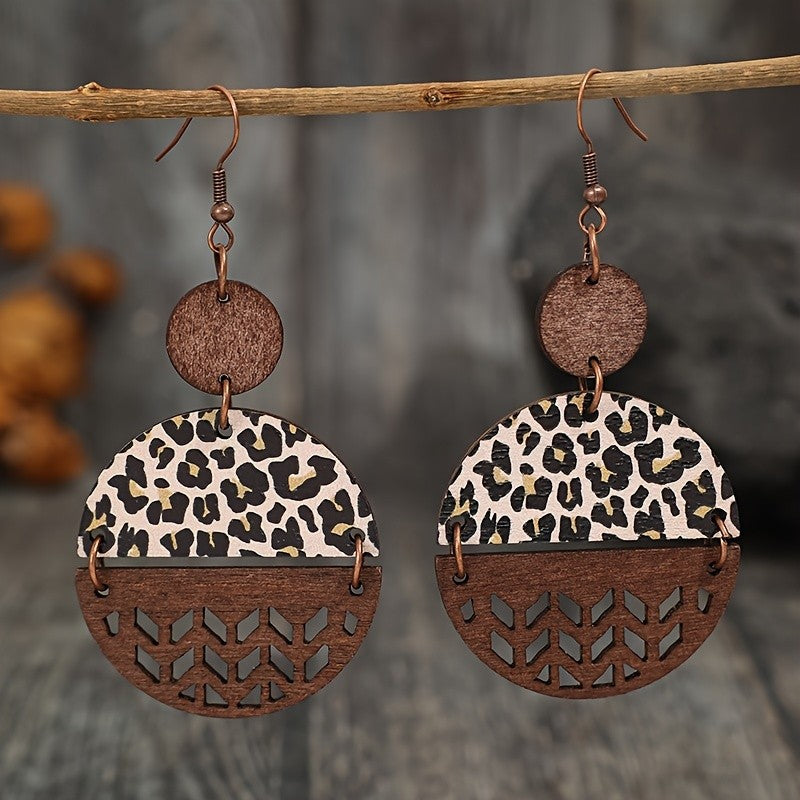 Wooden Leopard Cross Disc Earrings