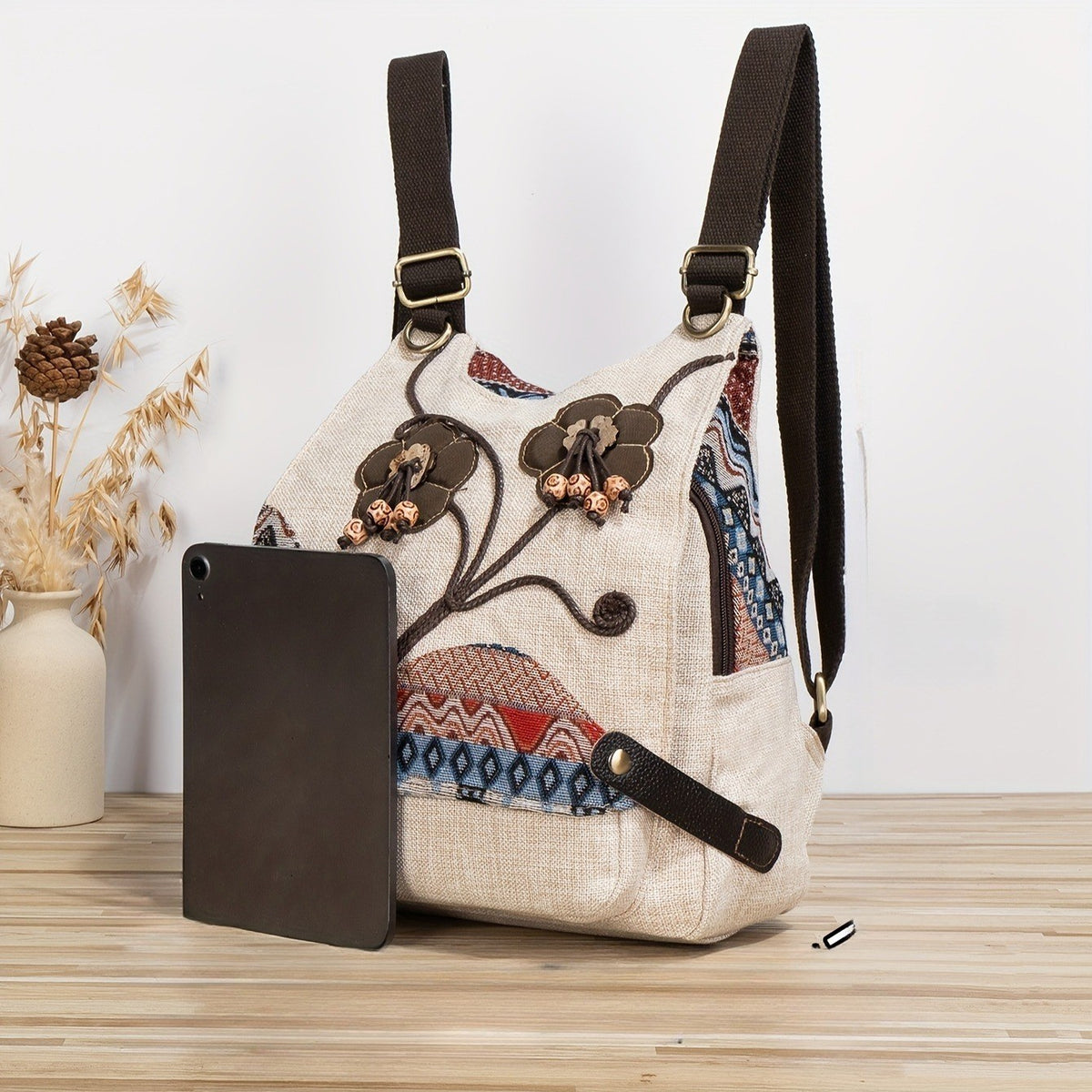 Beaded Floral Canvas Backpack