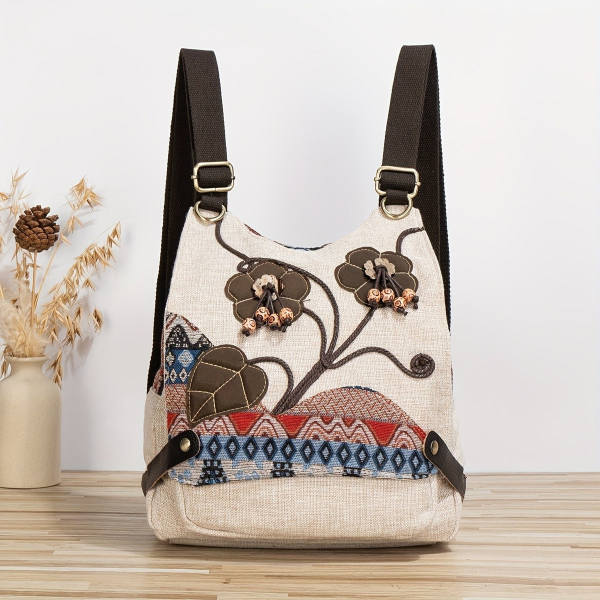 Beaded Floral Canvas Backpack