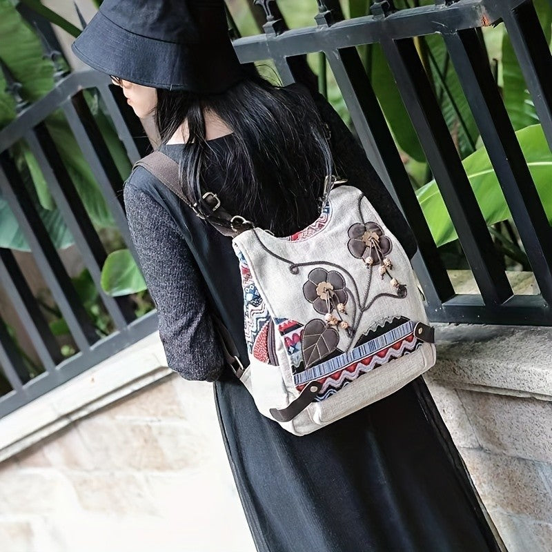 Beaded Floral Canvas Backpack