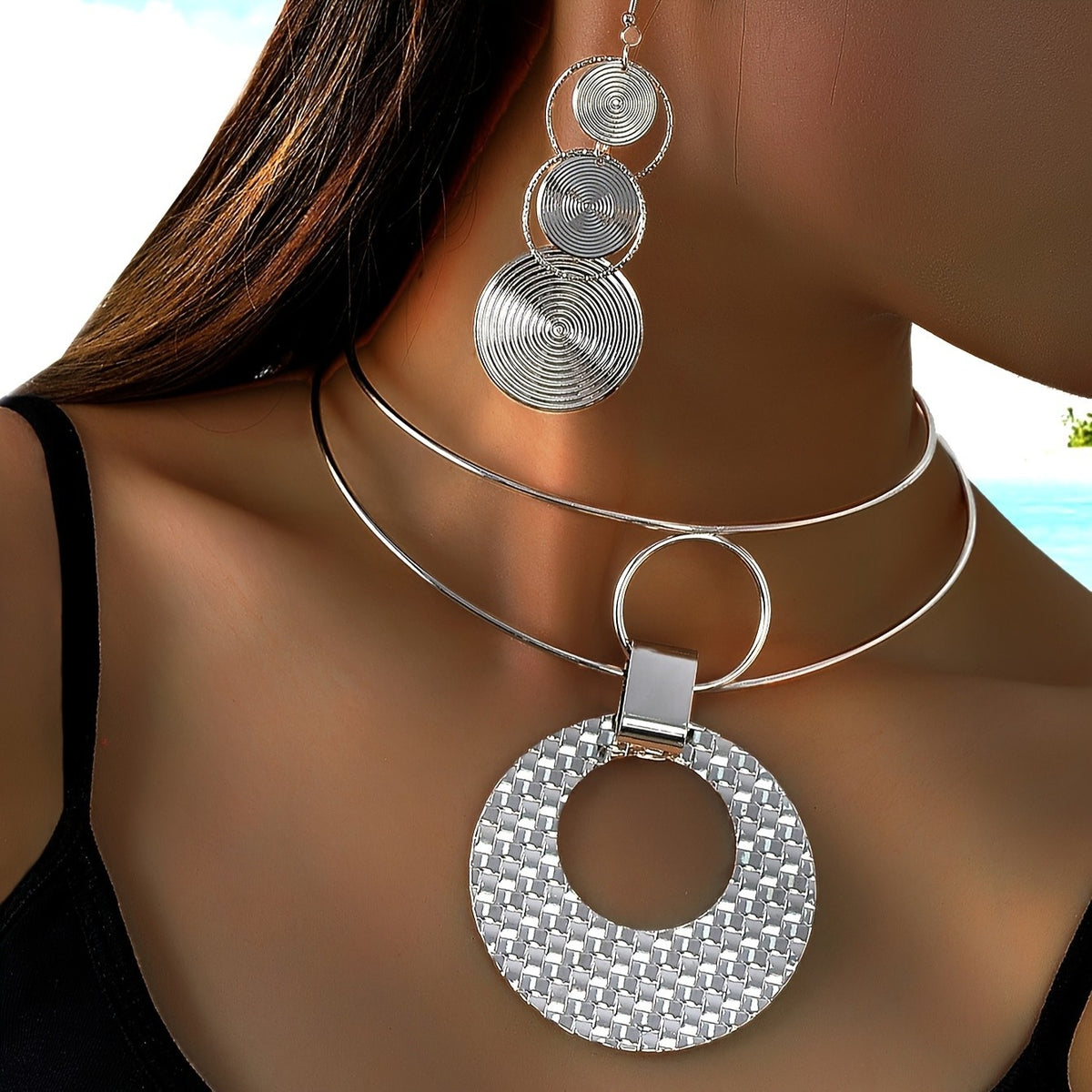 Woven Disc Choker & Spiral Earring Set