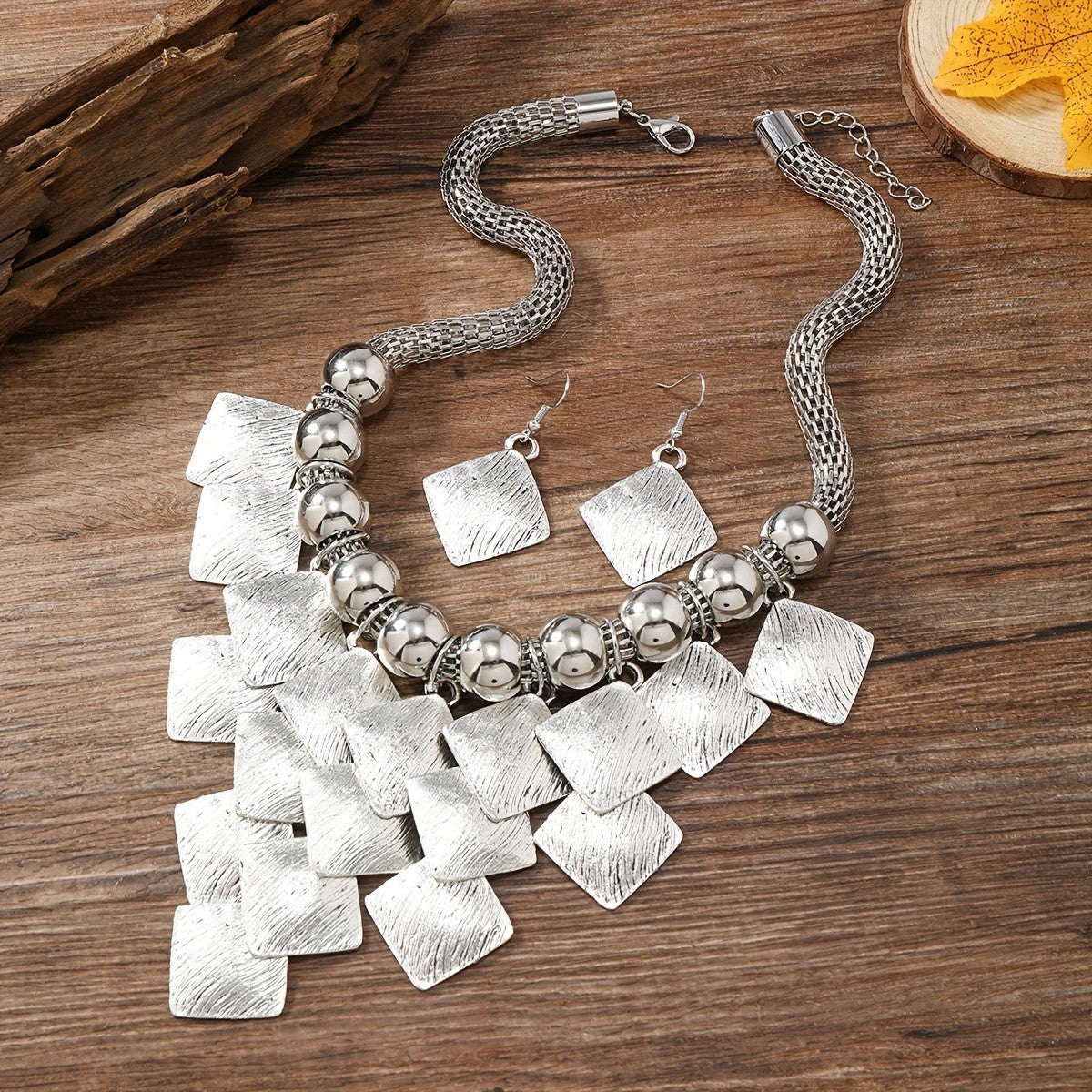 Textured Square & Bead Necklace Set