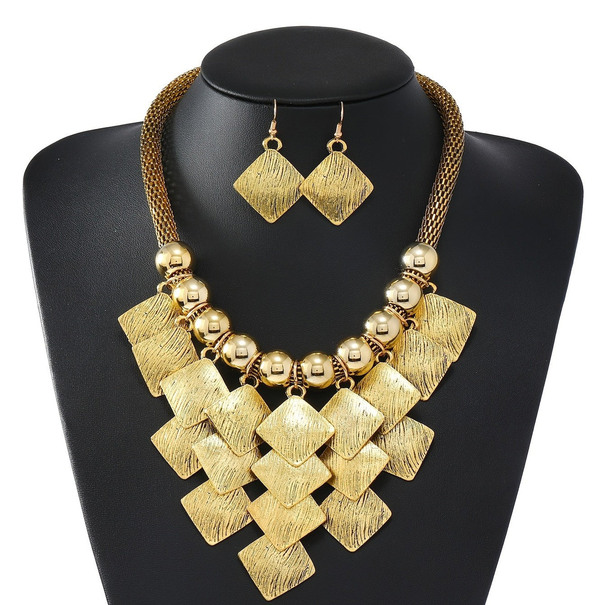 Textured Square & Bead Necklace Set