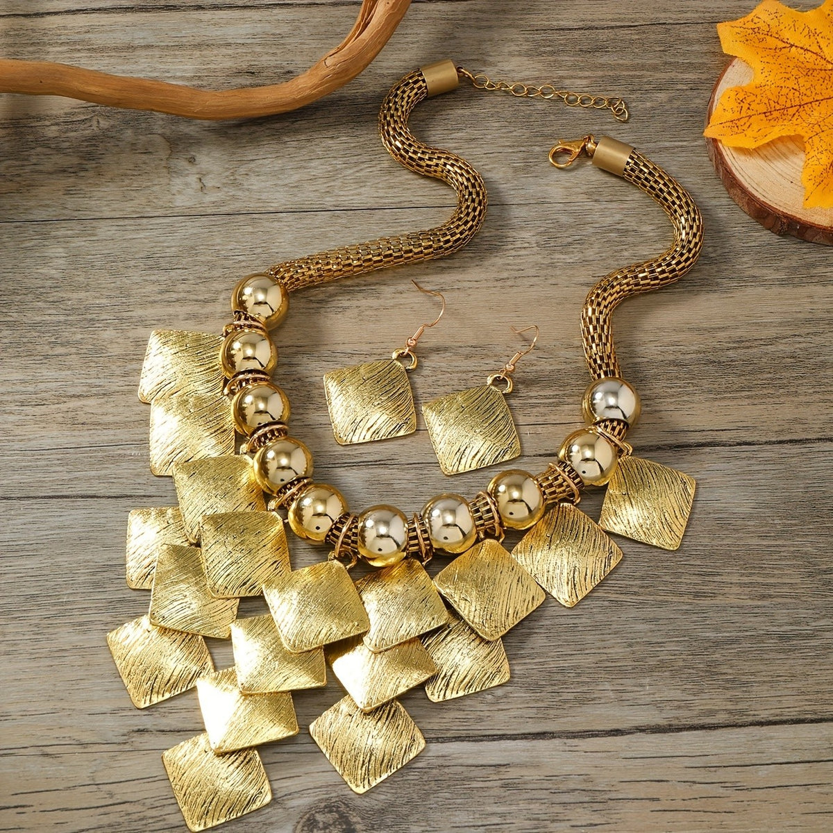 Textured Square & Bead Necklace Set
