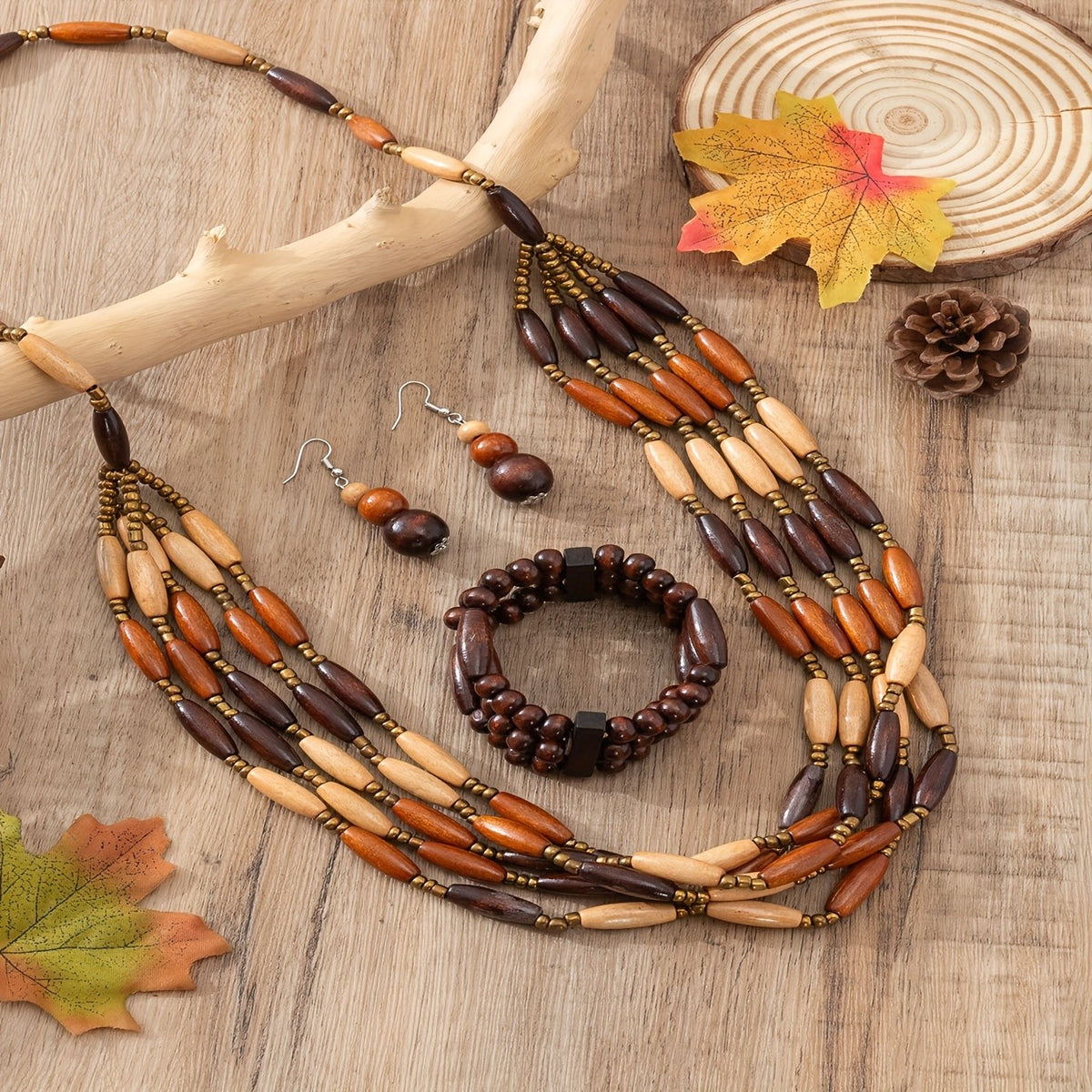 Two-Tone Wooden Bead Jewelry Set