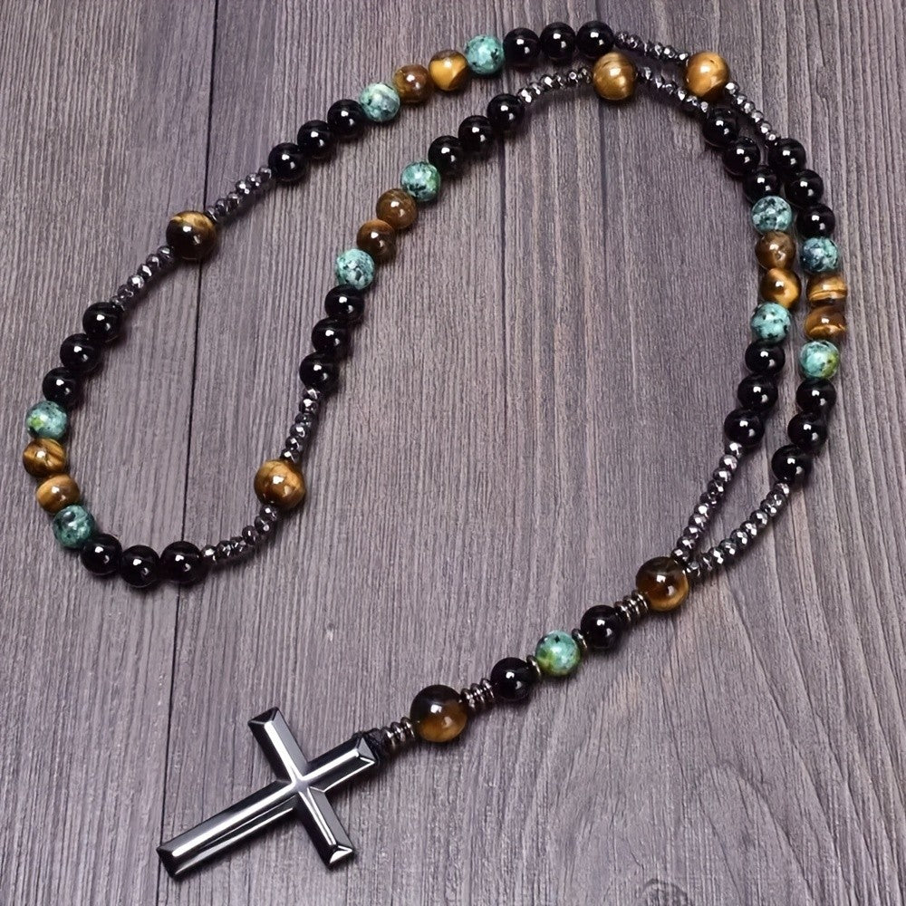 Tiger Eye & Turquoise Cross Necklace