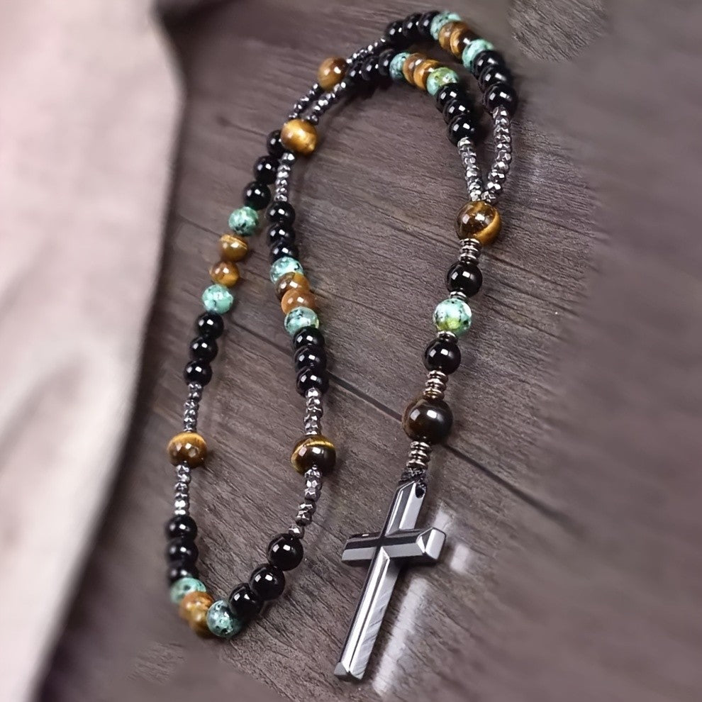 Tiger Eye & Turquoise Cross Necklace
