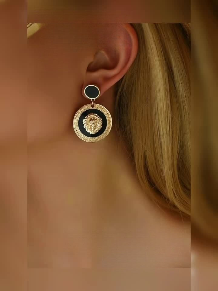 Lion Medallion Drop Earrings