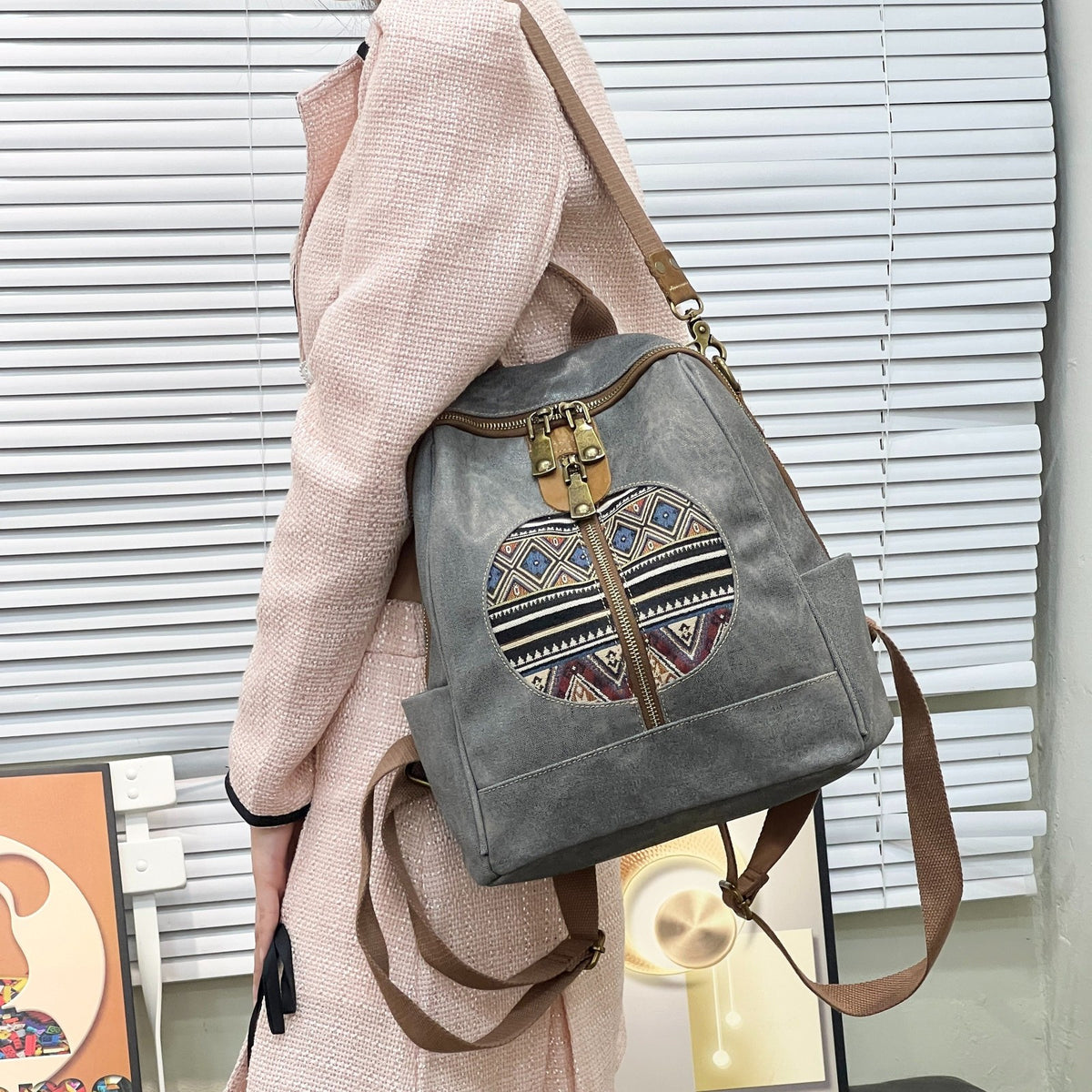 Geometric Patch Canvas Backpack