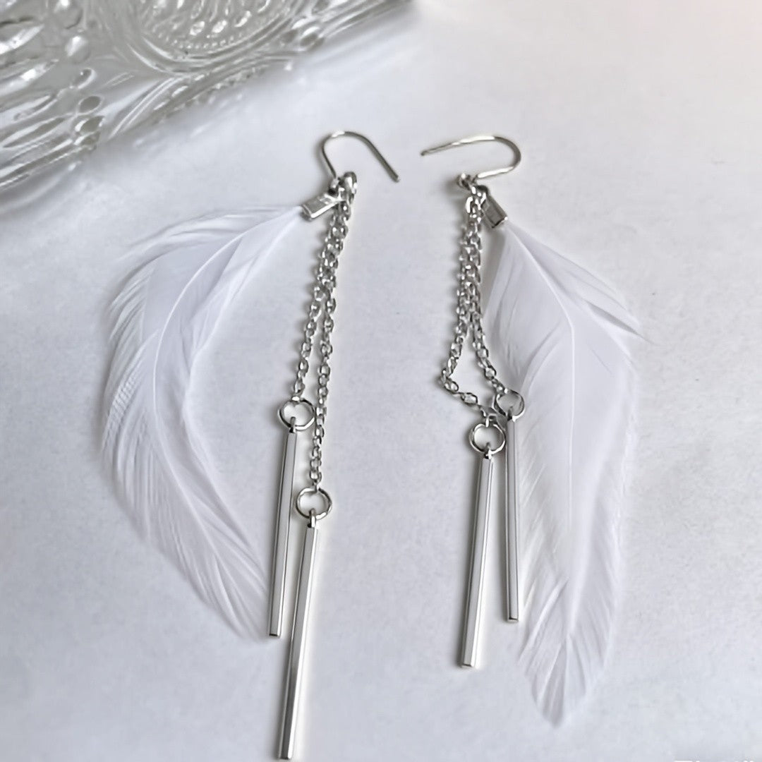 White Feather Drop Earrings