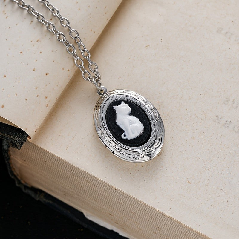 White Cat Oval Locket Necklace