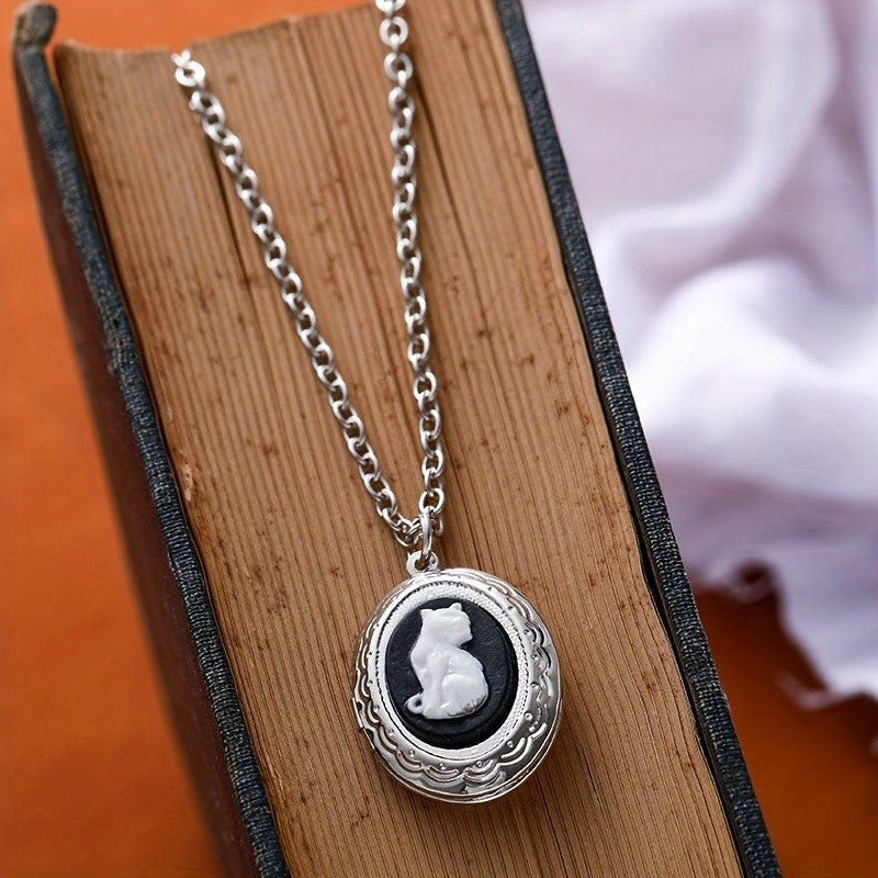 White Cat Oval Locket Necklace