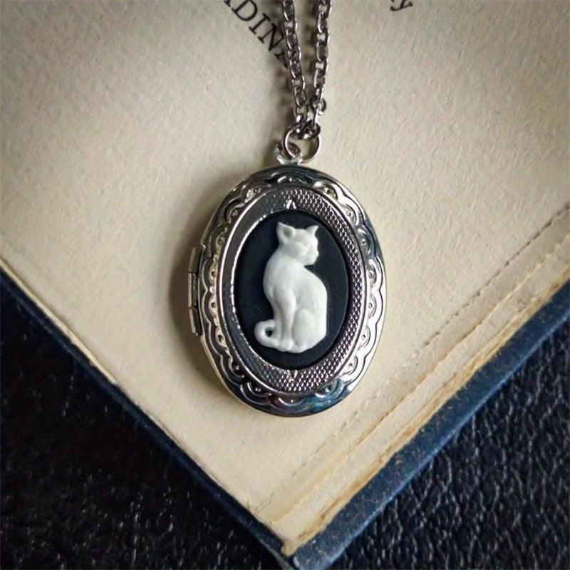 White Cat Oval Locket Necklace