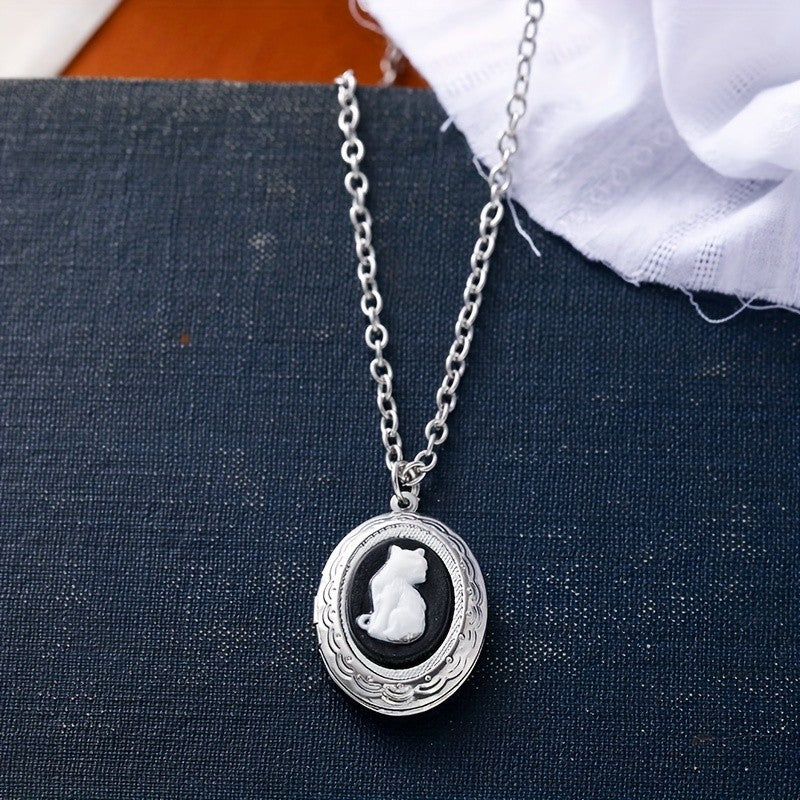 White Cat Oval Locket Necklace