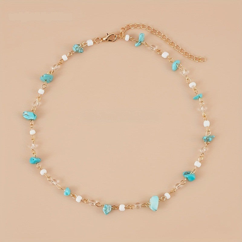 Turquoise & White Bead Link Necklace