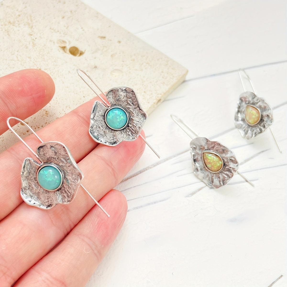 Textured Floral Opal Earrings