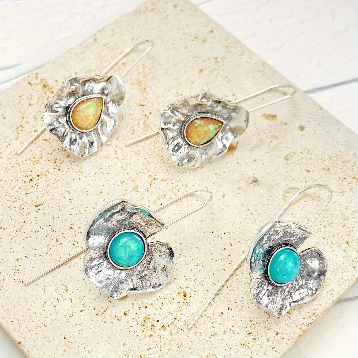 Textured Floral Opal Earrings