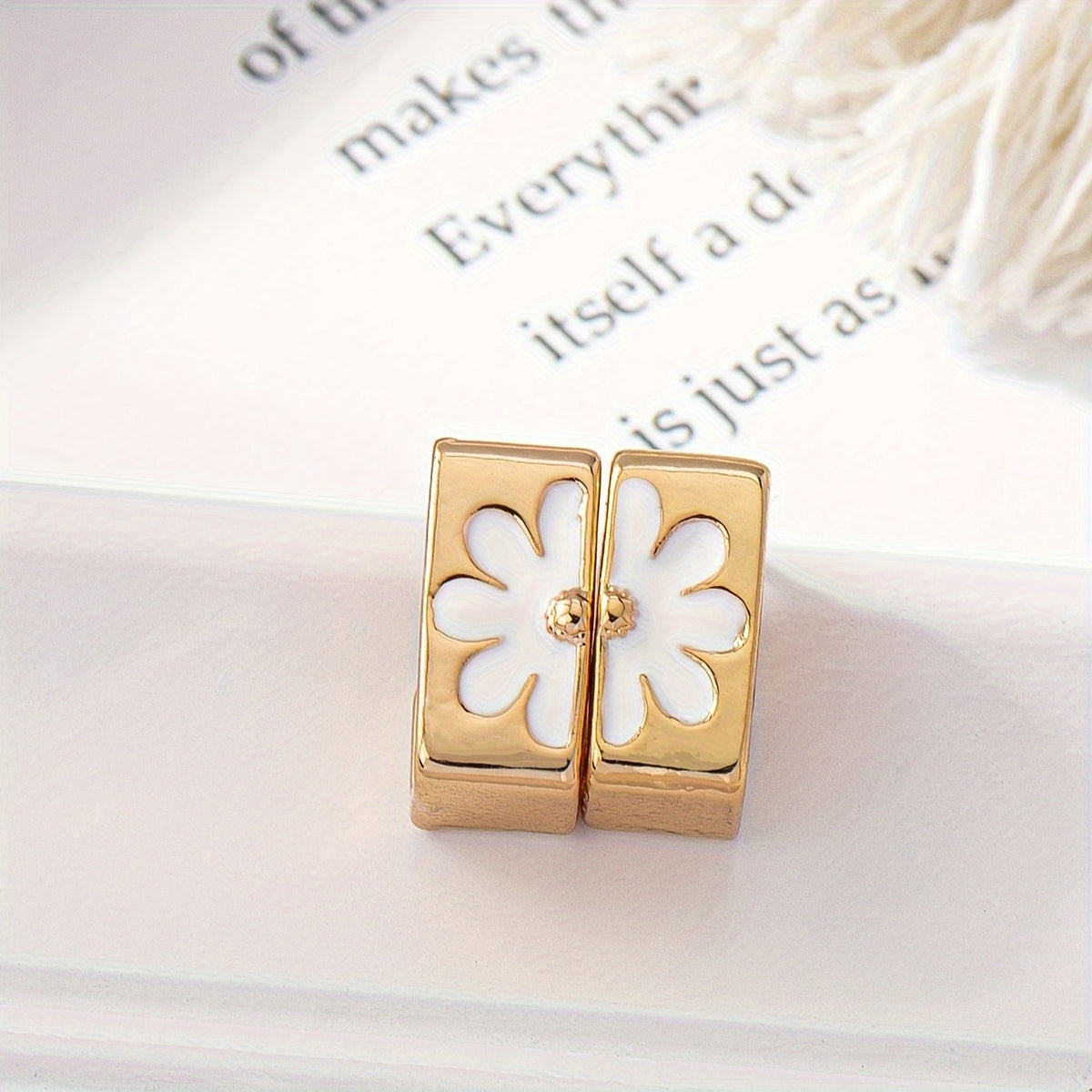 White Enamel Flower Square Hoop Earrings