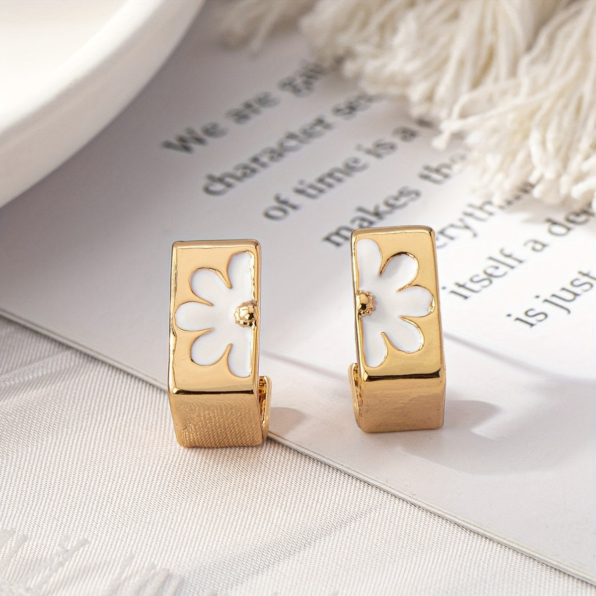 White Enamel Flower Square Hoop Earrings