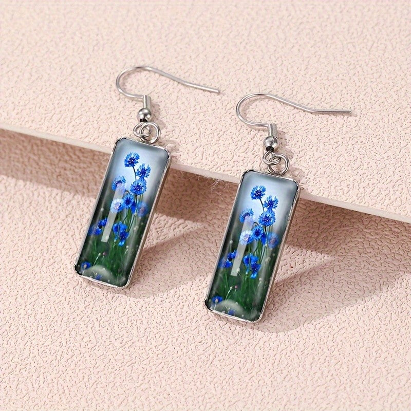 Blue Cornflower Rectangular Earrings