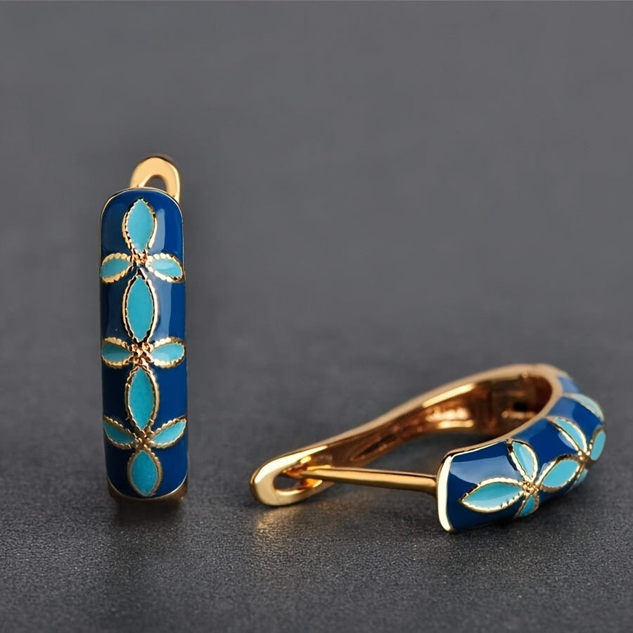 Blue Enamel Vine Hoop Earrings