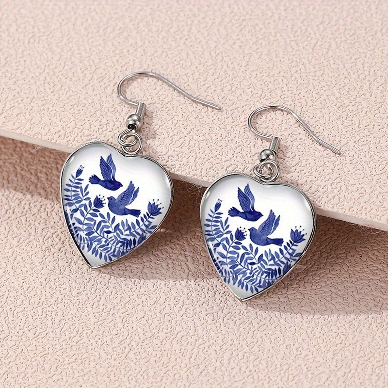 Blue Botanical Heart Earrings
