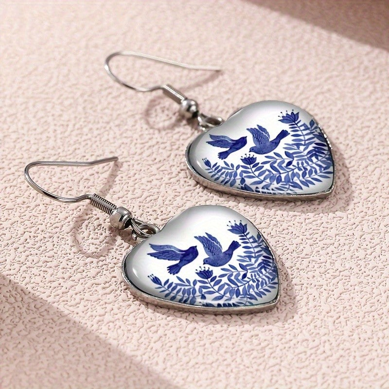Blue Botanical Heart Earrings