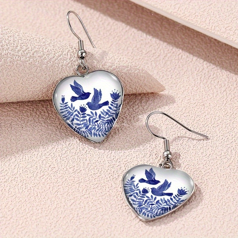 Blue Botanical Heart Earrings