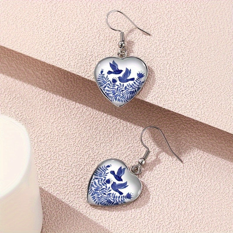Blue Botanical Heart Earrings