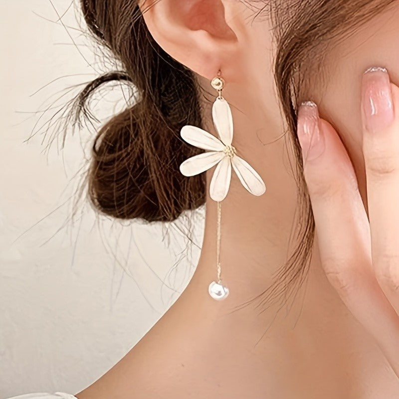 Asymmetrical Daisy Pearl Drop Earrings