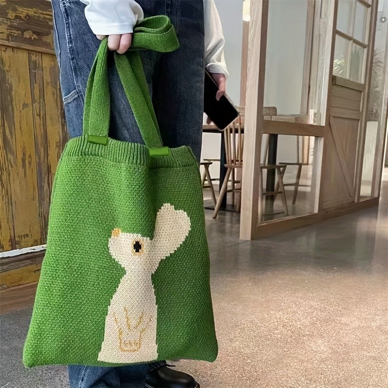 Green Knitted Rabbit Tote Bag
